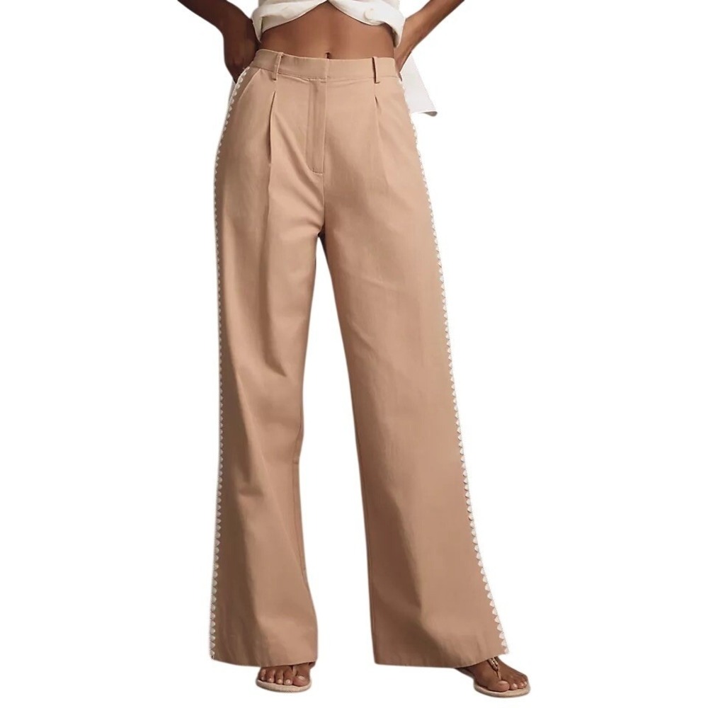 Mon Renn Lisle Tan Wide Leg Pleated Pants Crochet Trim Anthropologie Size S